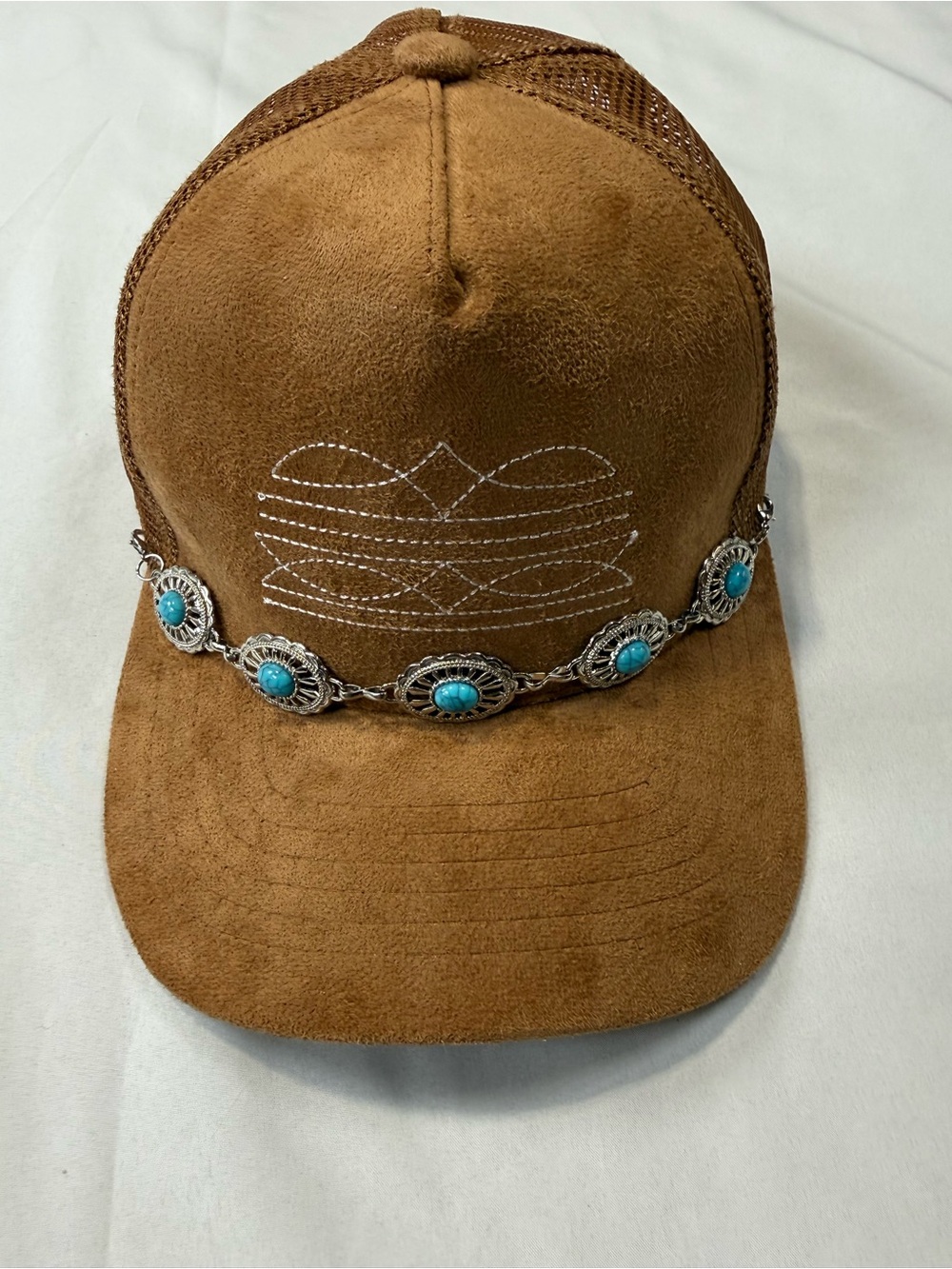Brown Suede-Look Women’s Baseball Cap with Turquoise Concho Chain